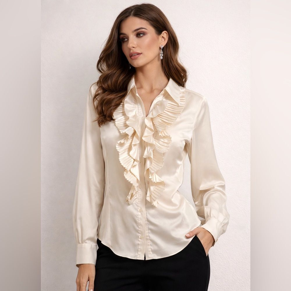Harve Benard Cream Satin Ruffle Blouse